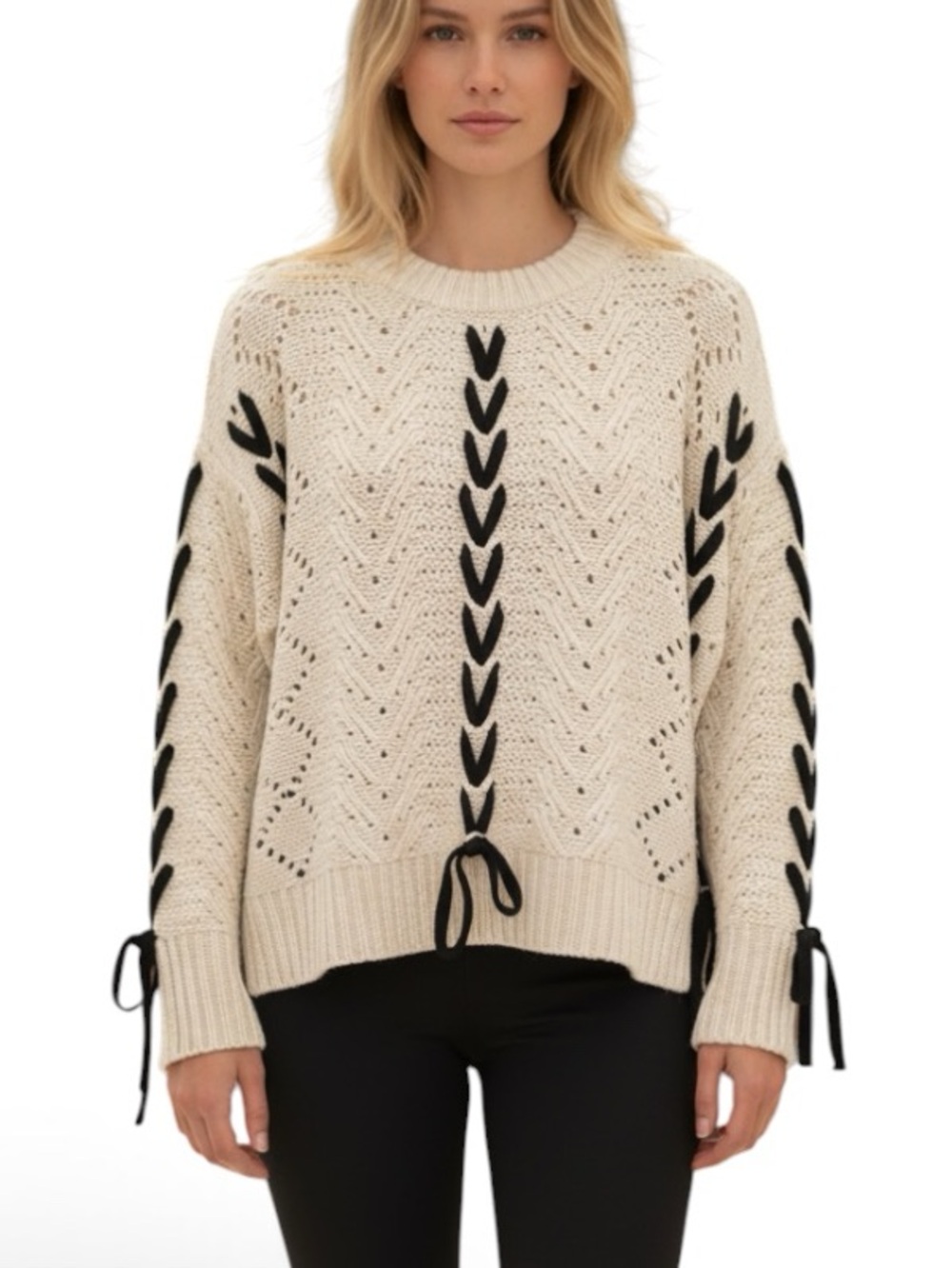 Retrod Oversized Chunky Knit Cream Sweater with Black Lacing Detail Large